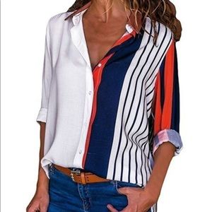 Women’s button-down, color-blocked blouse